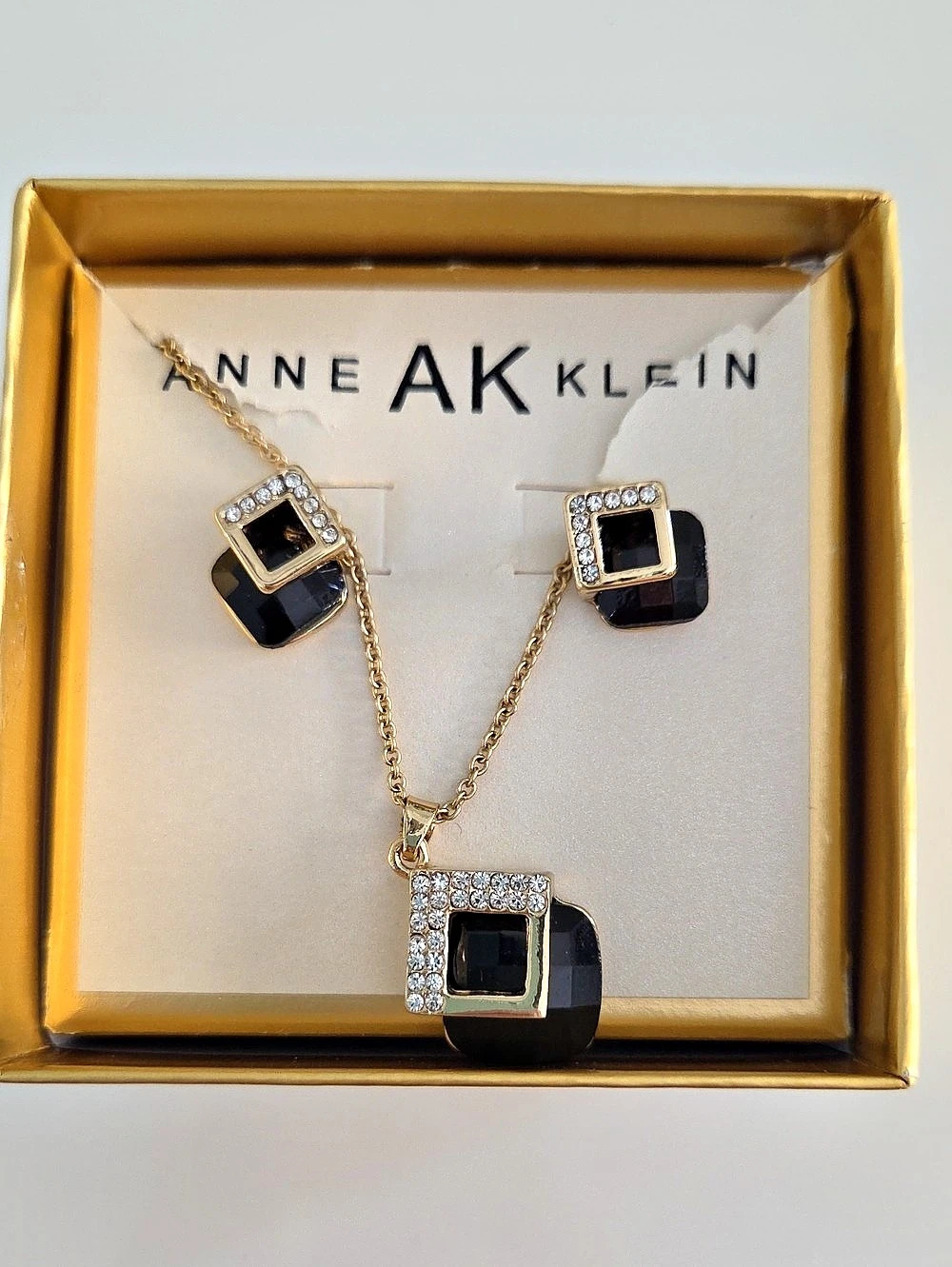 Anne Klein Gold-Tone Black Crystal Square Pendant Necklace and Earring Set